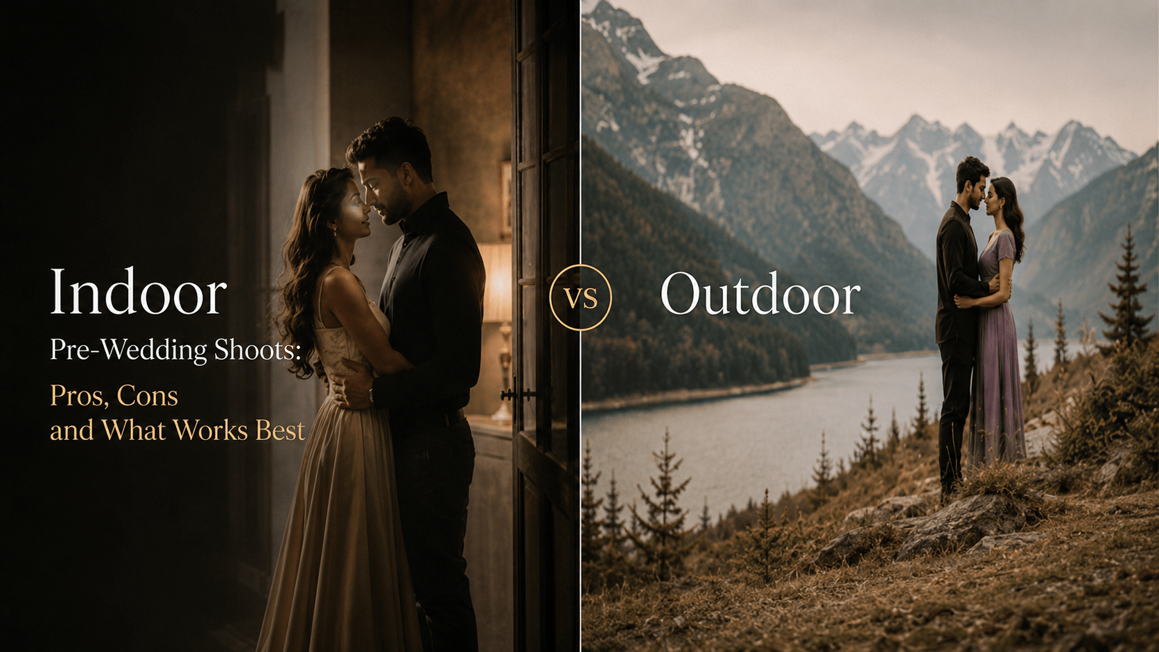 Indoor vs outdoor pre-wedding shoot comparison banner