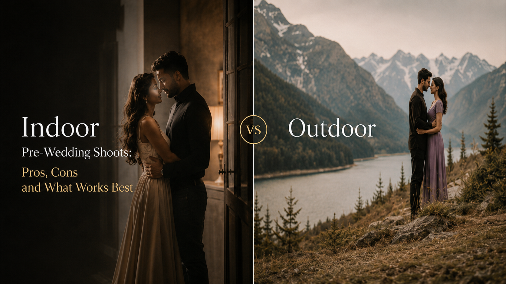 Indoor vs outdoor pre-wedding shoot comparison banner