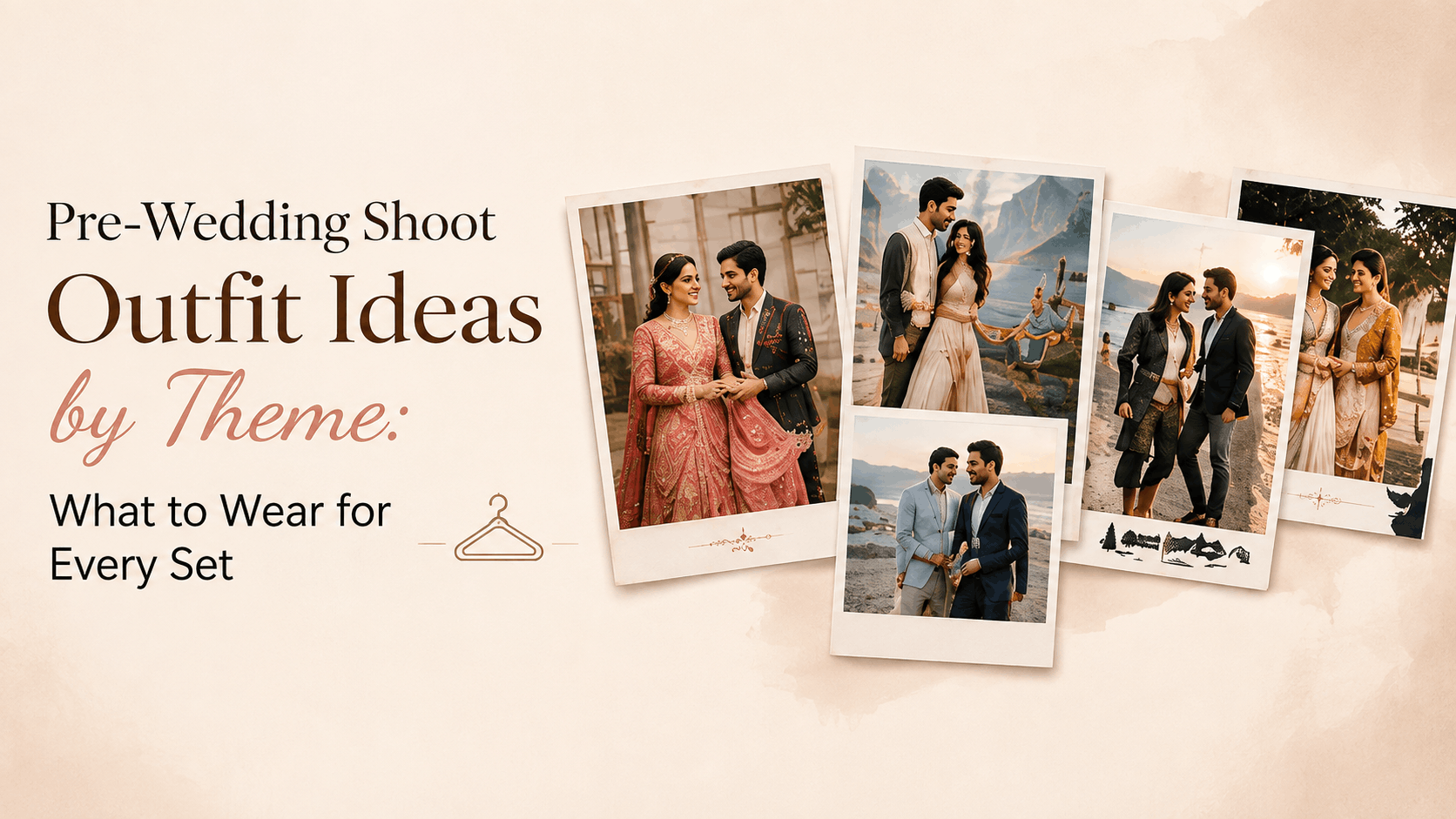 Pre-wedding shoot outfit ideas by theme banner showing a collage of couples in different traditional and modern outfits